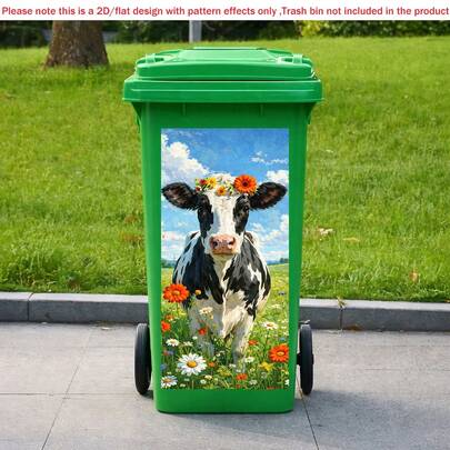 1张奶牛戴花冠和花田图案的2D平面设计垃圾桶贴纸，自粘防水垃圾桶贴花，适用于户外花园装饰