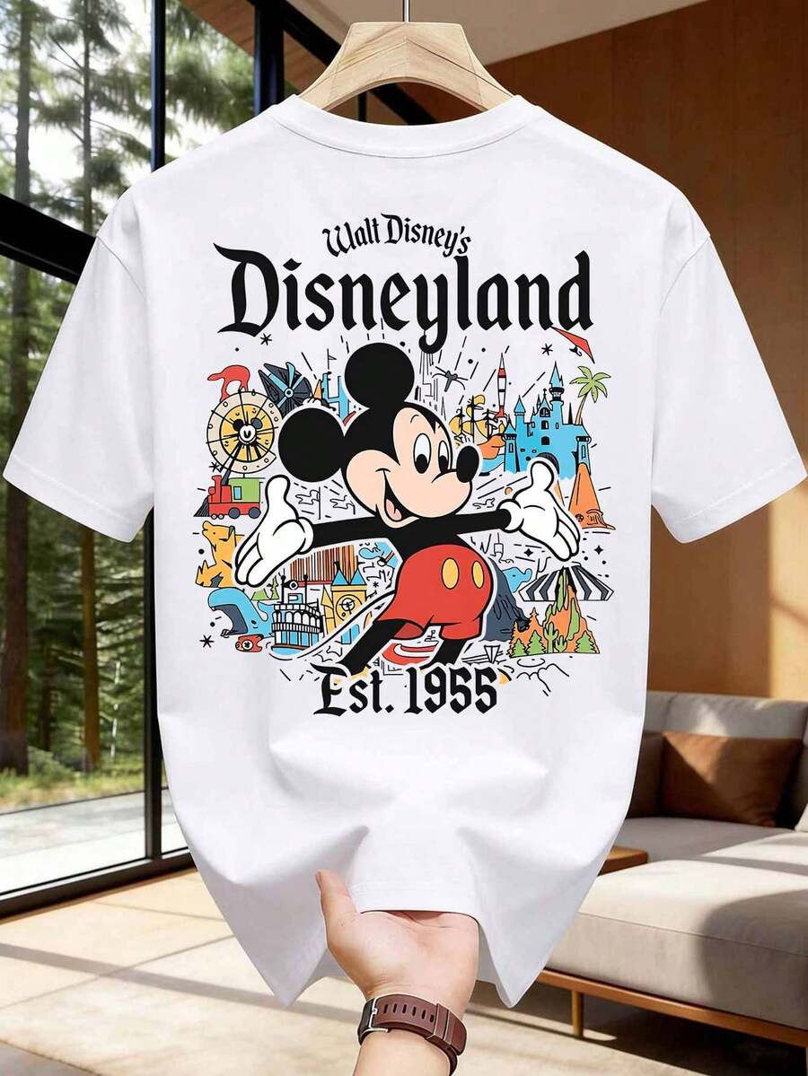 Men's Disneyland Mickey Mouse Themed Commemorative T-Shirt, Casual And Loose-Fitting Crew Neck Short-Sleeved Men's T-Shirt, Comfortable, Soft, Pure Cotton, Breathable Sportswear, All-Season Style, Suitable For Men's Clothing For Outings, Outdoor Sports, Parties, And Commuting. - White - View 1