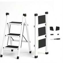 Folding Steel Ladder For Home, 3 Steps, Non-Slip - White - View 10