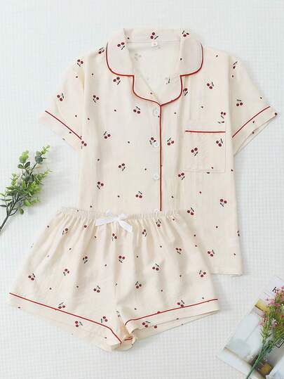 2pcs Women Pajama Set, Heart & Cherry Print Lapel Button Shirt And Bow Shorts, Sleepwear & Loungewear