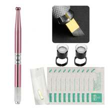 1支手动纹眉笔，适用于专业永久化妆，3D微针纹眉工具，1支笔配10片一次性U18针纹眉刀片，2个海绵环杯 - 彩色 - 查看 9