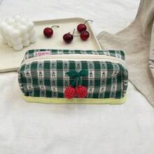 Checkered Makeup Pouch, Pencil Case, Lace Design, Large Capacity, Stylish And Cute, Perfect For Women, High School Girls, Stationery, Small Items, Pouch, Korean Style, Outings, Gift, Navy, White, Simple, Casual, Luxurious Design, Stylish - Blue Pencil Case - View 7