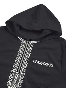 Men's Pattern Embroidered Zip-Up Hooded Robe, Casual Long Sleeve Muslim Formal Wear, Suitable For Multiple Seasons Islamic Clothing - Black - View 4
