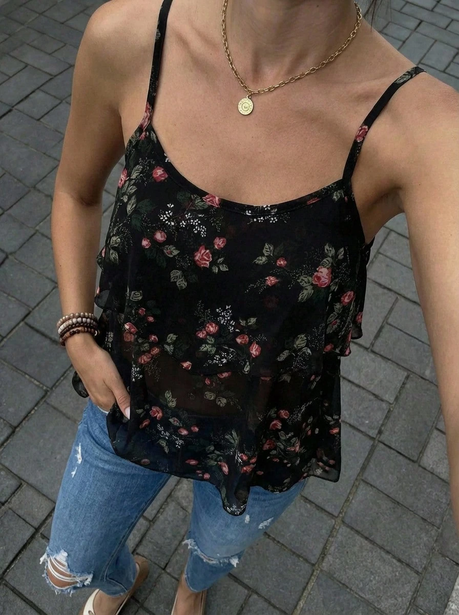 Buzzelle 全新复古风格优雅女士夏季吊带背心、休闲度假半透明花卉印花吊带背心、居家办公荷叶边吊带背心
