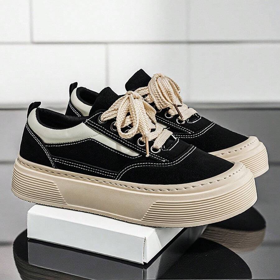 2026 WANSS Men's Suede High-Top Thick-Sole Casual Skateboard Shoes, Niche Breathable Non-Slip Retro Sneakers, Black Denim Shoes, 5CM Height Increase - Black - View 1