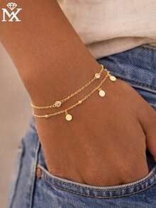 SYMFNY 1条极简风格镀金铜链锆石珠脚链，独特珠宝礼物，适合夏季海滩装扮 - 金黃色 - 查看 2
