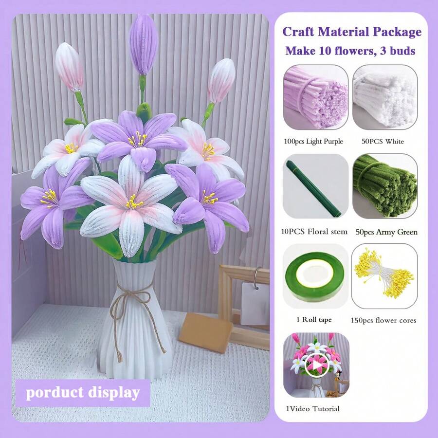 362 Kit Bunga Lili Merah Muda / Biru / Merah / Ungu dengan Batang Chenille, Batang Bunga & Pita untuk Hadiah Pernikahan & Hari Ibu, Set Pembuatan Pembersih Pipa Bunga Lili