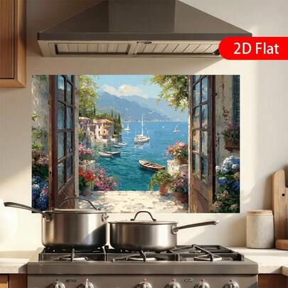 1-Piece 2D Flat Design Mediterranean Seascape Kitchen Wall Sticker. Easy To Apply, Durable, And Made Of High-Quality Materials. Suitable For Home Decor And Modern Kitchen Interior Design