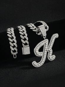 嘻哈风镶钻链，配定制草书字母吊坠，镀金项链，个性化首字母首饰 - 嘻哈字母項鍊 - 查看 6