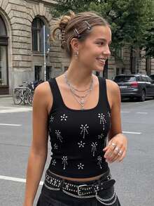 Camisetas sin mangas con cuello cuadrado para mujer, con decoración floral y diamantes de imitación, camisetas de verano ajustadas - Negro - Ver 4