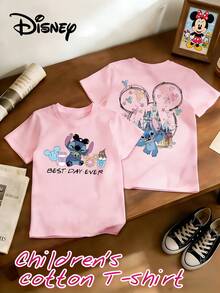 Disney Stitch And Mickey Mouse 100% Pure Cotton Children's T-Shirt, With Cartoon Print On Both Sides. This Casual-Style Children's T-Shirt Is Suitable For Both Boys And Girls, Making It An Ideal Choice For Christmas Parties And Everyday Outdoor Activities. - Hồng - Xem 2