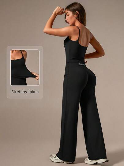 TimeOff 女士纯色吊带可拆卸胸垫背心和直筒宽松运动裤套装，春夏黑色