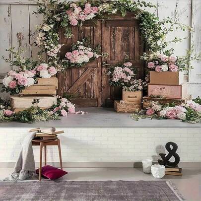 1 set de tela de fondo con flores rosas y puerta de madera, estilo romántico y dulce, decoración de fondo, accesorios de estudio fotográfico de uso múltiple, banner de decoración para el hogar, fiestas, estudios, hogares y jardines, escenario de boda. Hay disponibles varios tamaños y escenas para seleccionar.