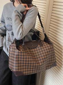 1pc PU Handbag Travel Bag, Student Organizer Bag, Large Capacity Short-Trip Luggage Bag, Waterproof Compartment, Fits Carry-On Suitcase, Lightweight, Unisex Gym Bag, Business Travel Tote - Coffee - View 3