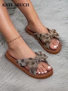 MIUCH Original Design All-Season Bestselling European And American Casual Vintage Relaxed Lightweight Breathable Open-Toe Shock-Absorbing Handmade Flat Sandals, Suitable For Pairing With Pants And Skirts For Beach Travel Vacation, Valentine's Day Mother's Day Shopping Dates, Versatile Brown Sandals; Summer British Academy Romantic Sweet Cute Outdoor Multifunctional Bow Women's Sandals; Indoor Home Women Slippers, Aesthetic - Brown - View 5
