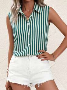 Women's Sleeveless Button-Up Shirt, Striped Pattern Loose Fit Summer Top, Elegant Collar, Machine Washable For Casual Or Formal Occasions, Opaque Fabric, Single-Breasted Blouse - Dusty Blue - View 6