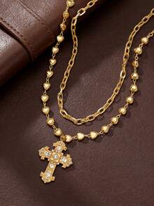 2pcs/Set Gold Cross & Heart Pendant Necklace, Layerable, Suitable For Women, Valentine's Day, Mother's Day Gift - Gold - View 2