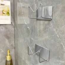 2pcs Wall Mounted Hair Dryer Holder Rack, Stainless Steel Bathroom Storage Organizer With Strong Adhesive, Multifunctional Space-Saving Design For Makeup, Glasses Etc, No Drilling Required - Silver - View 2