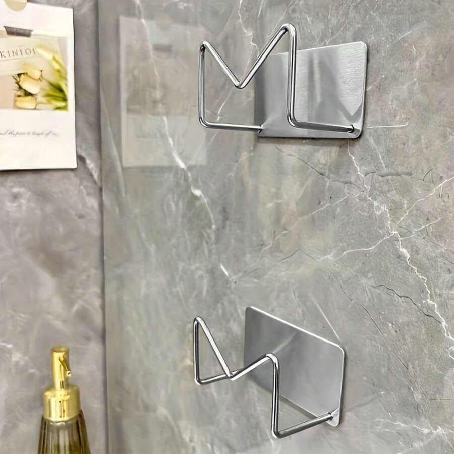 2pcs Wall Mounted Hair Dryer Holder Rack, Stainless Steel Bathroom Storage Organizer With Strong Adhesive, Multifunctional Space-Saving Design For Makeup, Glasses Etc, No Drilling Required