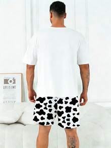 Plus Size Men's Pajama Set | Round Neck Short Sleeve Top And Elastic Waist Casual Shorts 2 Piece Set | Polyester Knit Fabric Soft And Breathable Loose Fit | Cute Cow Print Pattern Casual Design - Black and White - View 5