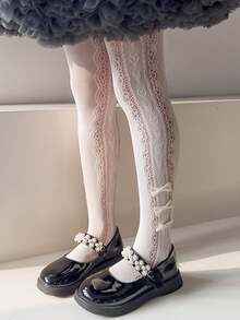 1pc Spring/Summer Lightweight Side Bow Mesh Pantyhose, Girls Black/White/Beige Leggings, Hollow Heart Breathable Base Layer Socks, Suitable For Girls Aged 1-14 - Multicolor - View 12