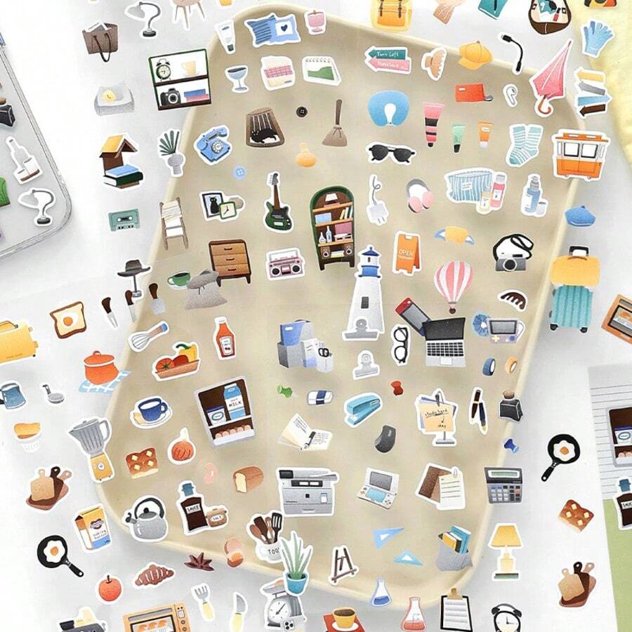 1袋童年系列贴纸，迷你家居装饰贴纸，礼品包装标签，日记分层贴纸，相册和日记装饰配件，垃圾日记贴纸，艺术和手工装饰贴纸，剪贴式薄贴纸，剪贴簿用品，文具，趣味贴纸，Kindle - 貼紙 - 查看 1