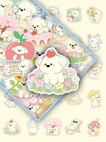 52 piezas de pegatinas lindas de cachorros de primavera de dibujos animados, calcomanías de colores pintadas a mano para diario, cuaderno, papelería, caja, equipaje