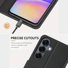 黑色PU皮革钱包式手机壳，带卡槽和支架，适用于三星Galaxy A10、A11、A12、A13、A14、A15、A16、A17、A21、A22、A23、A24、A25、A26、A31、A32、A33、A34、A35、A36、A41、A42、A51、A52、A53、A54、A55、A56 - 黑色 - 查看 4