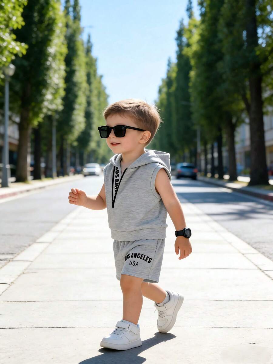 Summer Baby Boy Casual Outfit, Includes Hooded Sleeveless Half-Zip Vest And Matching Shorts With Letter Print, Loose Fit, Soft And Comfortable, 2pcs Set - Grey - View 1