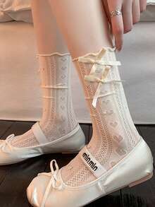 女士蝴蝶结袜一双，薄蕾丝花边心形芭蕾舞袜，蕾丝荷叶边装饰薄网镂空中筒袜，白色，透气，百搭，适合秋季，薄透明性感丝袜，新品上市，适合所有季节 - 彩色 - 查看 13