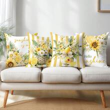 4 piezas Fundas de cojín decorativas minimalistas de verano con margaritas y limones, impresas por un solo lado en terciopelo melocotón de poliéster, 45*45/50*50/40*40CM para sofá moderno, decoración interior, decoración de fiesta, regalo - Multicolor - Ver 9
