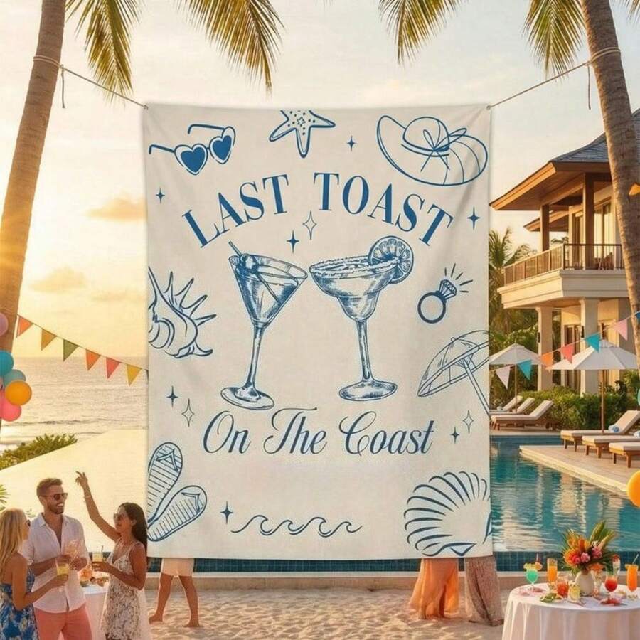 Coastal Bachelorette Tapestry, Last Toast On The Coast Banner, Can Be Used As Wall Hanging, Home Decor, Room Decor, Bachelorette Party Decor, Party Decor, Photography Background Indoor Tablecloth Decor - Blue - 查看 1