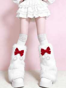 1 Pair Sweet Wine Red Bow & White Fuzzy Leg Warmers (May Have Light Shedding) - Multicolor - View 3