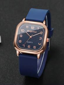 1pc Women Casual Square Digital Scale Dial Fashion Quartz Wrist Watch With Silicone Strap (1pc/Set, Watch Box Not Included) - Blue - View 7