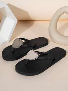2026 Summer New Heart-Shaped Flip Flops, Women's Non-Slip Outdoor Beach Slippers, EVA Soft Bottom Lightweight Minimalist Solid Color Sandals - Heart Black - View 5