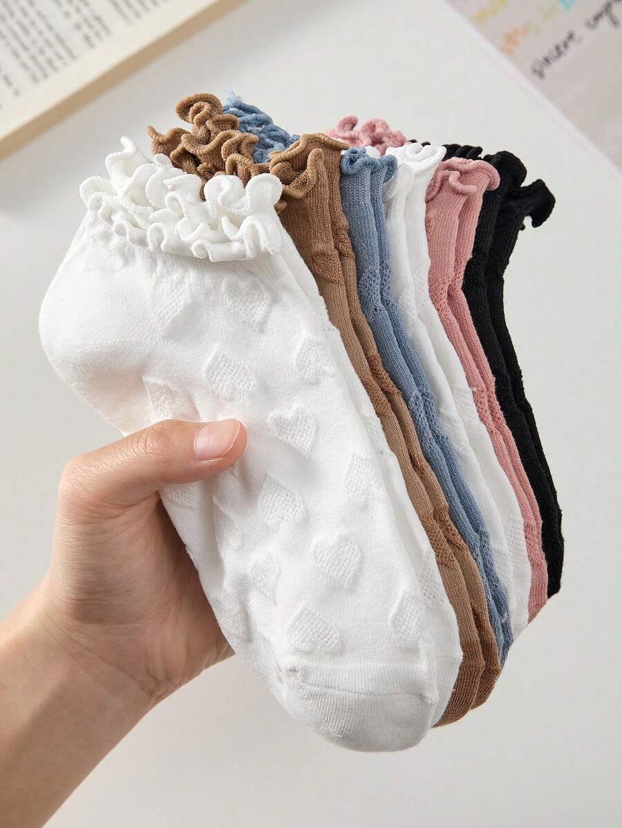5 Pairs Heart Pattern Lace Trim Women's Ankle Socks, Non-Slip Breathable, Suitable For Spring And Summer - Multicolor - View 1