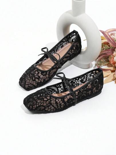Fishnet Ballet Shoes, Square Toe Flat Women's Shoes, Solid Color Patchwork Elegant Preppy Style Party Commute Casual Girly Punk Retro Wedding Business Chinese Style Luxury Lolita New Chinese Style Western Style Street Western Wedding Chinese Wedding Workwear Style Bow Decor Breathable Mesh Vamp Summer Non-Stuffy Black Lace Mary Jane Shoes, Square Toe Slip-On Bow Tie Shoes For Holiday Wedding Party Office Outdoor Spring Summer New Arrival