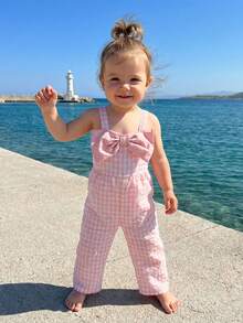Mono corto para niñas pequeñas con lazo en la parte delantera, sin mangas, a cuadros, con pantalones anchos, peto, ropa de verano para niños. - Rosa - Ver 2