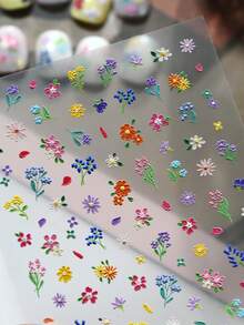 1pc 5D Cute Colorful Daisy Nail Art Stickers Embossed Fresh Spring Floral Wildflower Blooming Petals Elegant Nail Decals Self-Adhesive Manicure For Women & Girls Nail Art Supplies - Multicolor - View 4
