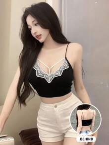 新款夏季法式蕾丝边吊带背心，露背设计，修身百搭 - 黑色 - 查看 3