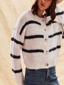 Womens Casual Cardigan Chic Striped Button Front Knit Sweater Cream Black Long Sleeve Crew Neck Fall Winter - 混色/黑色 - 查看 2