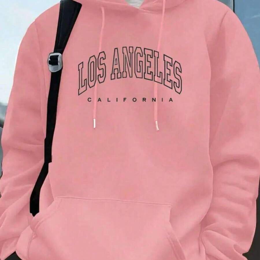 Blusa Moletom Liso Canguru Capuz Bolso Unissex Moleton Casaco Los Angeles - Rosa Bebê - Visão 1
