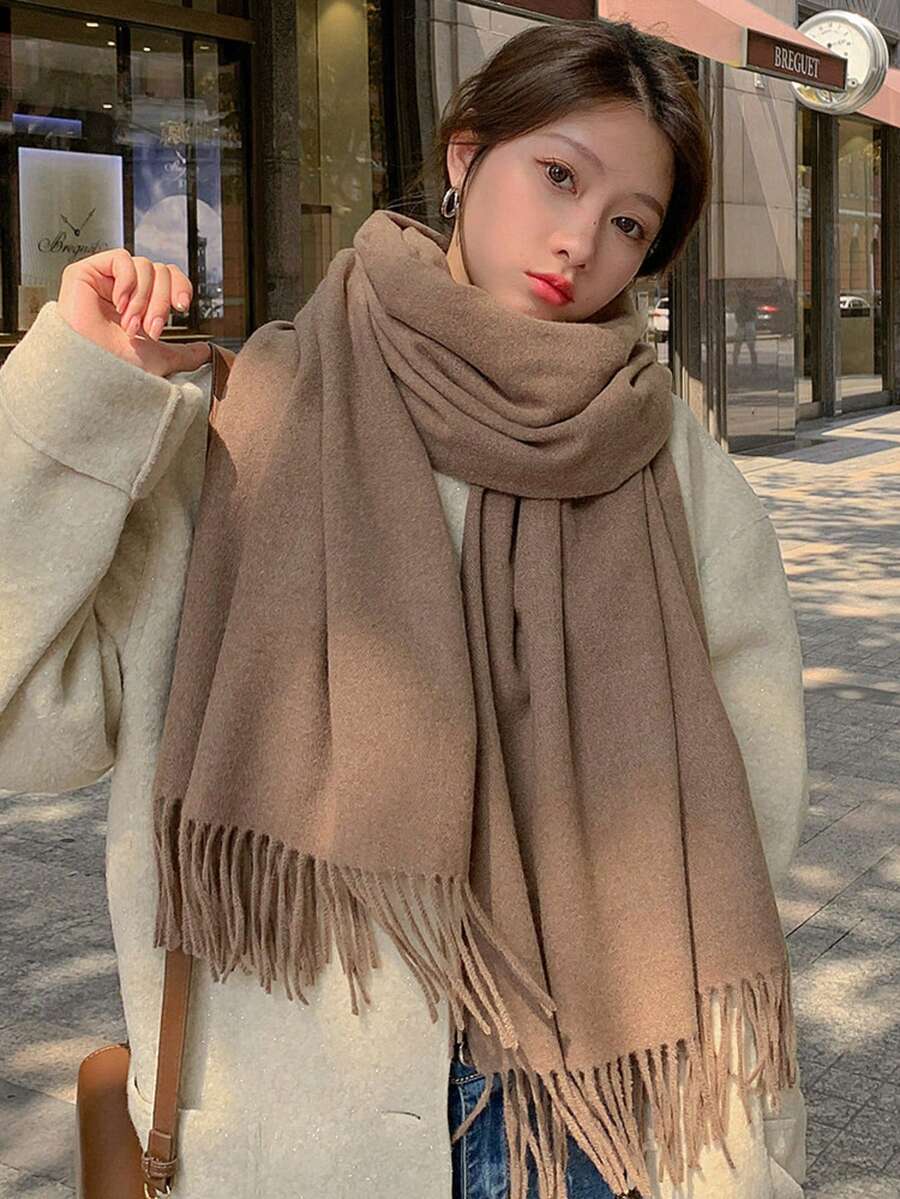 Plain Winter Thick Pashmina Scarf 225g With Fringe Unisex - cinza elefante - 查看 1