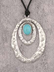 1 pièce Collier métallique ovale de style cowboy occidental à la mode, collier ras-du-cou en turquoise unique de haute qualité, collier de couple, convient pour un port quotidien, cadeau pour festival de musique, cadeau pour petite amie/petit ami - bleu turquoise - Voir 3