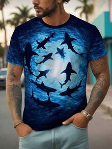 男士圆领鲨鱼图案短袖T恤，夏季度假风 - 彩色 - 查看 3
