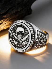 [Gothic Skull Ring] [Rugged Texture]Vintage Punk Style Jewelry, Classic Vintage Gothic Hip-Hop Skull Ring, Copper Ring - Silvery Exquisite Skull Design, Suitable For Halloween, Christmas, Birthday Gift Ring, For Teenager Intricate Design, 1 Piece - Multicolor - View 3
