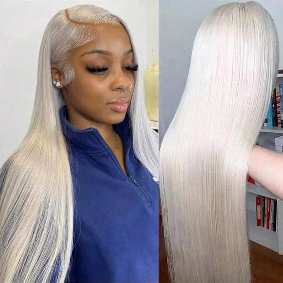 13x4 Transparent Lace Front Platinum Straight Human Hair Wig, 150% Density, #60 Blonde, 20 Inches Long Straight Hair, Suitable For Women