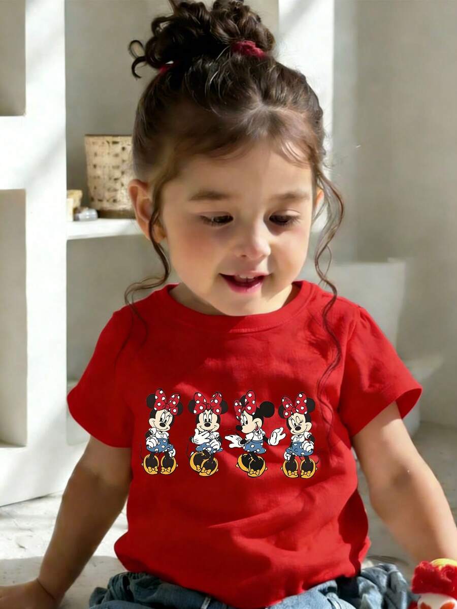 This Disney Minnie Mouse Casual And Simple Crew-Neck Short-Sleeved T-Shirt, Designed For Both Baby Boys And Girls, Is An Ideal Choice For Summer Wear. - Đỏ - Xem 1