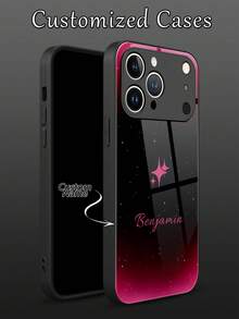 1pc Customized Name, Black-Pink Gradient Fashion High-End Business Minimalist Diamond Star Pattern Phone Case, Made Of Tempered Glass Back + TPU Soft Edge, Shock-Resistant And Scratch-Resistant, Compatible With IPhone 17 Pro Max/16 Pro Max/15 Pro/14 Plus/13 Pro/12 Pro Max/11/Xs Max/8/7/6 Plus And S26 Ultra/S25 Plus/S24 Series, / Phones - Black - View 6