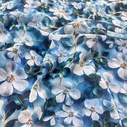 1pc Elegant Blue Floral Print Silk Fabric, Adopting 3D Printing Technique, Soft Texture. Suitable For DIY Sewing, Desktop Decor, Sofa Cushion And Clothing Fabric.